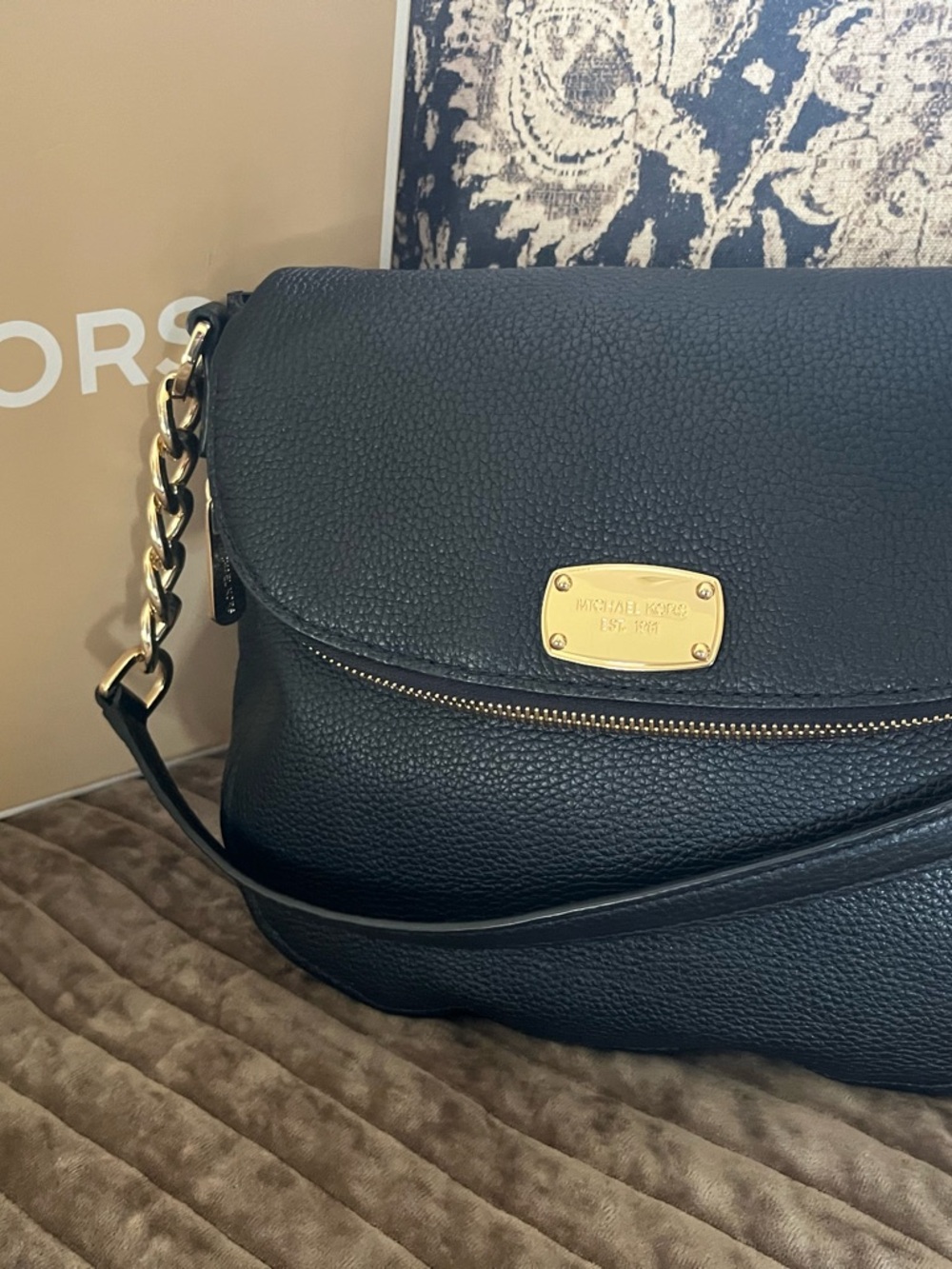 Michael Kors Black Pebbled Leather Shoulder Bag with Gold Hardware